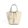 Bolso Cesta de Cuero Genuino para Mujer con Hebilla Plateada 2026 Nuevo Bolso de Mano de Moda Bolso Cubo con Patrón de Lichi Bolso de Dama