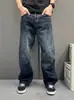 Jeans de Trabajo de Mezclilla Lavada Negro-Gris Pesado Americano para Hombre Pantalones de Pierna Ancha con Bolsillo Lateral Pantalones Largos Casuales Diarios Retro