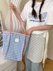 Bolso de hombro de lona estilo coreano, estilo retro artístico, con contraste en rojo y azul, con diseño de dopamina enrejado, ideal para el día a día de las mujeres.