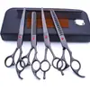 Tijeras de belleza para mascotas de 7.0 pulgadas color negro galvanizado 5 dientes de corte recto tijeras de corte curvo tijeras de hueso de pescado peine de fila en stock