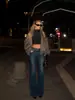 Jeans de campana azules retro americanos para mujer, nuevo estilo de otoño, de cintura alta, adelgazantes, que realzan el trasero, abotonados, de campana, pantalones de largo hasta el suelo