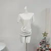 2026 Foto Real Lyocell Relaxado Padrão Floco de Neve Decote V Solto Simples Manga Curta Camiseta Top