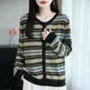 Cárdigan de punto a rayas color block para mujer, nuevo estilo otoño e invierno, cuello redondo, manga larga, lana fina, suéter abrigo versátil Fair Isle