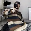 Estilo Japonés Color Bloque Rayas Estilo Perezoso Estilo Hong Kong Cuello Redondo Tejido Holgado Versión Coreana Otoño Invierno Jersey de Lana Retro para Hombre