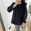 Primavera y Verano Nuevo Estilo Coreano Camisa de Muñeca con Volantes Talla Grande Top para Mujer Color Sólido Combinable Cuello Redondo Camisa Plisada para Mujer