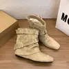 Zapatos Vaqueros Otoño 2026 Botines Mujer Hebilla Plisada Francesa Pierna de Pantalón Punta Cuadrada Estilo Nuevo Tacón Oculto Apilado Marrón