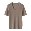 Camiseta de Punto Fina de Lana Nueva para Mujer, Primavera y Otoño, Cuello en U, Manga Corta, Color Sólido, Corte Delgado, Camiseta Básica