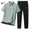 Camisa Polo Deportiva de Seda de Hielo para Hombre Traje de Verano Delgado Transpirable de Secado Rápido Manga Corta Pantalones Casuales Traje de Dos Piezas para Hombre