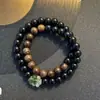 Novas Pulseiras Empilhadas de Obsidiana Negra Estilo Chinês, Fivela da Paz Duplo Círculo Preto Estilo Retrô, Versátil e na Moda, Presente Legal para Namorado
