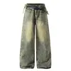 Calça Jeans Wide Leg Vintage Lavada Punk Wasteland Casual Solta Masculina com Design de Amarração e Efeitos Desgastados