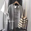 Camiseta Feminina Vintage Chinesa Tendência Estilo Boyfriend Manga Curta Algodão Puro, Verão Retrô Estampa de Letras Top Solto