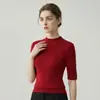 Suéter base para mujer, lavable a máquina, sin costuras, cuello medio alto, manga corta, corte ajustado, delgado, tipo playera de punto, tejido