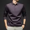 Seda de Morera + Botón de Presión Bloque de Color en la Solapa Artesanía Sin Costuras Camiseta Polo de Manga Larga para Hombre Otoño e Invierno Venta al por Mayor