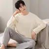 Pijama de Algodão Justo Outono Calças Compridas Masculinas Simples Casual Cor Sólida Roupa de Casa conjunto Primavera e Outono Masculino tamanho grande