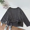 Camiseta de manga larga para mujer, cuello redondo, talla grande, holgada, a rayas, para otoño e invierno, 260 g, teñida en hilo, venta al por mayor transfronteriza