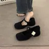 Zapatos Mary Jane de Piel Grises para Ropa de Abrigo de Invierno para Mujer Estilo Nuevo Retro Francés Zapatos Planos de Lana con Tacón Grueso para Mujer Zapatos de Tacón Alto Forrados de Lana
