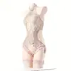 Lingerie Sexy de Renda com Abertura na Virilha, Franjas e Design de Fivela, Peça Única Transparente com Efeito Rasgado para Mulheres W42
