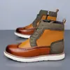 Sapatos Populares de Cano Alto Brogue Color Block Esculpido para Homens, Estilo Britânico Casual de Negócios em Couro -25716