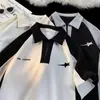 Camiseta Retro Americana Bordada com Polo Color-Blocking para Homens e Mulheres, Top de Verão com Gola de Manga Curta para Casal