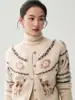 Cárdigan jacquard de reno vintage de cachemira para mujer, suéter bordado de cuello redondo para otoño e invierno, prenda exterior tejida suave y acogedora