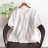 Top Bordado de Flores de Alta Resistencia Camisa Pequeña Verano Manga Corta Dobladillos Bordados Camisa de Manga Corta Cuadros Pequeños Algodón Puro para Mujer