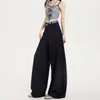 Pantalones de traje a cuadros con retazos de doble cintura azul marino para mujer, verano 2026, finos, estilo americano, holgados, con caída, de pierna ancha, casuales