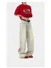 Calça Jeans Wide Leg Patchwork Listrada Estilo Americano para Homens, Novo Estilo Primavera e Outono, Caimento Solto, Calça Reta Wide Leg Lavada e Desgastada