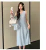 Moda Verão 2025 Novo Vestido Colete Fino + Camisa de Manga Curta com Proteção Solar Traje Casual Simples Tendência para Mãe Maternidade