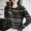 Top de malha listrado vintage estilo francês, de manga longa, novo modelo feminino para o início do outono, macio, solto, ombro normal, modelador, moderno e estiloso