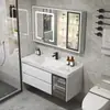 Mueble de lavabo de losa de piedra sin juntas, mueble de gabinete de lavabo de baño integrado con espejo, iluminación y gabinete de espejo con almacenamiento antivaho, diseño simple y moderno