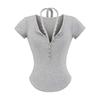 Playera Sexy de Corte Slim de Manga Corta con Cuello en V con Botones y Bajo Curvo para Mujer, Verano 2025