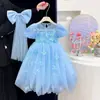 Vestido de Verano para Niñas Nuevo de Verano Vestido de Princesa de Malla para Niños Moda para Niñas Vestido de Gasa con Mangas Abullonadas
