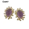 ME092 estilo de negocios chapado en oro real de 18K aretes de piedra semipreciosa natural forma de pétalo en la oreja de piedra de cristal morado
