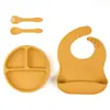 Plato con Ventosa Resistente a Caídas, Tenedor, Cuchara y Taza de Silicona de Grado Alimenticio Transfronterizo, Set con Babero de Silicona