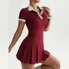 Moda Femenina Retro Europea y Americana Ajustado Elegante Solapa Bloque de Color Cintura Ceñida Plisado Vestido Manga Corta Vestido Deportivo de Tenis