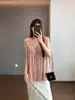 Estilo Coreano Toque Suave Ramie Tencel Leve Acabamento em Renda Decote V Cadarço Pregas Sanfonadas Sem Mangas Blusa H060212