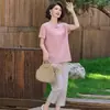 Conjunto de Dos Piezas de Camiseta Suelta de Algodón y Lino Bordado de Manga Corta de Verano para Mamá, Delgado, Elegante, Cuello Redondo para Mujeres de Mediana Edad y Mayores