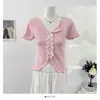 Blusa de Tricô com Manga Curta, Gola V com Babados e Patchwork de Laços Doces para Mulheres, Nova Slim Fit Emagrecedora Verão 2026