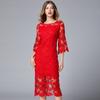 Vestido de noite vermelho plus size estilo francês socialite festa solúvel em água sexy oco midi renda vestido