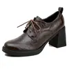 Em Estoque~ Sapatos de Couro de Salto Alto Estilo Retrô com Bico Redondo, Adequados para o Trabalho, Salto Bloco, Mocassins de Cadarço para Mulheres Baixinhas