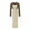 Vestido Maxi Ajustado Bodycon Sexy de Tirantes con Escote en U y Abertura, Conjunto de Dos Piezas con Cárdigan, Conjunto Puro Deseo para Mujer