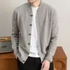 Jaqueta Cardigan 100% Lã de Ovelha Estilo Old Money com Gola Baseball para Homens, Suéter de Tricô Casual para o Dia a Dia, Suéter de Lã Masculino