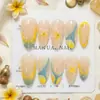 Uñas Postizas Portátiles Color Block Amarillo Azul Fresco de Verano Forma de Almendra Calcomanías para Uñas Falsas Blanqueadoras Manicura Francesa Flor de Gardenia 3D