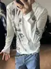 Camiseta unisex de manga larga con cuello redondo y estampado moteado estilo punk americano, hombros normales, corte ajustado como capa base, atuendo de pareja, top versátil