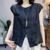 Moda de Verano 2025 Elegante Top de Cuello Redondo de Botones Sencillos en Gris, Azul Marino, Albaricoque y Rosa, Sin Mangas y Tejido Cepillado