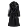 Moda Feminina Europeia e Americana Transfronteiriça Aliexpress Mais Vendido Estiloso Slim Fit Cintura Marcada Fresco Longo Casaco Trench de Couro