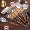 Espátula de Aço Inoxidável 304 com Cabo de Madeira Pera, Conjunto de Cozinha de 6 Peças, Concha de Sopa, Pegador de Macarrão, Espátula para Fritar, Espátula Grande para Peixe, Cabo Longo, Antiderrapante