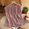 En Stock Verano 2025 Camisa de Punto Puro Artístico para Mujer, Elegante Camisa Patchwork con Cuello Alto, Top sin Mangas de Botones
