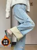 Jeans Grossos Forrados com Fleece Plus Size para Mulheres, Outono e Inverno, Calças Largas de Cintura Alta Soltas que Emagrecem, Perna Reta, Perna Larga para Corpo em Formato de Pera