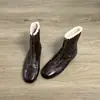 Versão em Couro de Vaca ~ Botas Curtas Retro com Bico Redondo e Forro de Lã, Zíper Frontal de Uso Duplo, Botas de Estilo Britânico, Botas Slim Versáteis com Solado Plano